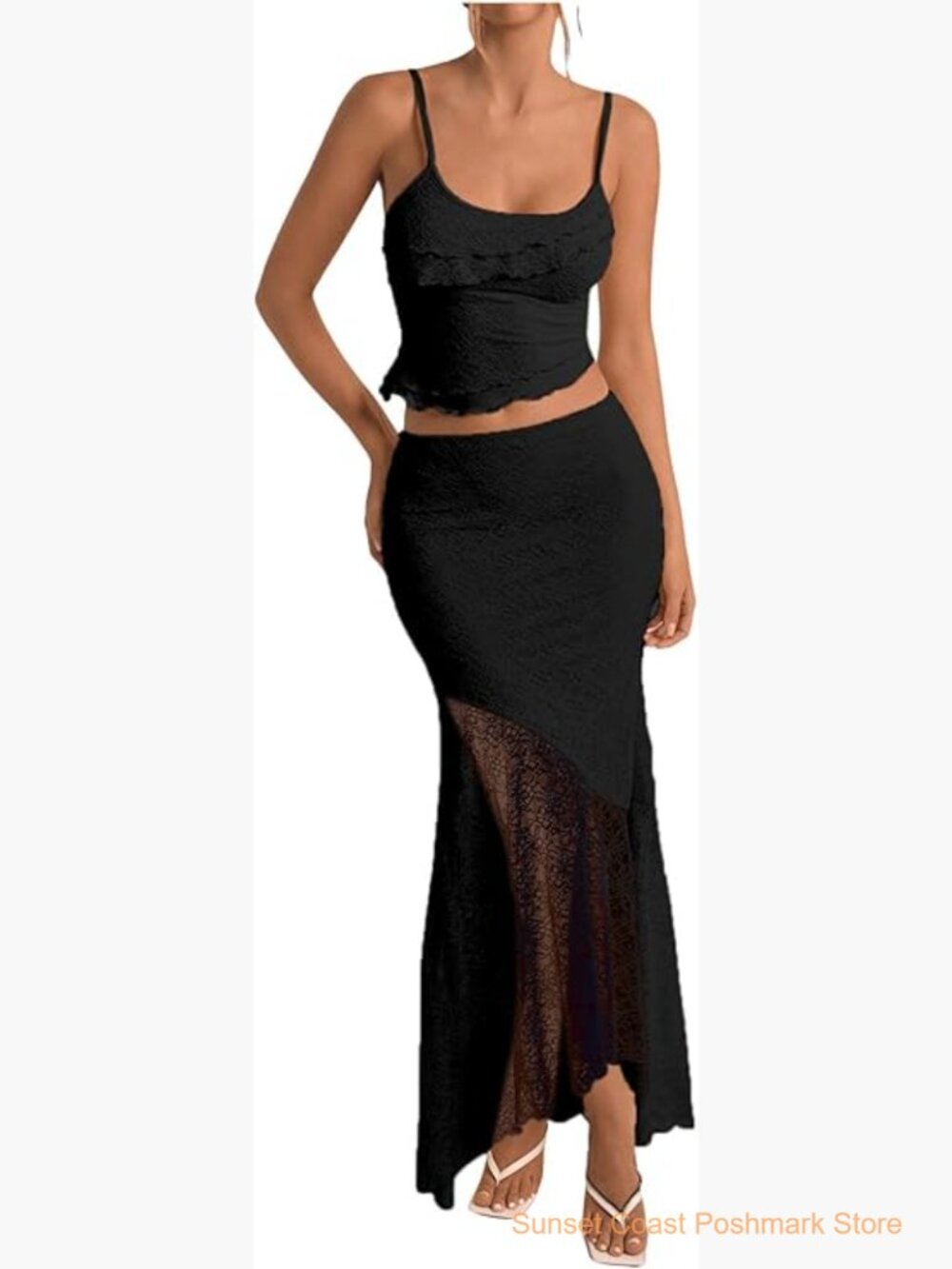 Ruffled Cami Crop Top and Flowy Maxi Skirt Boho Chic Set